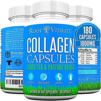 Root Vitality Collagen Peptides Capsules - Grass-Fed, Pasture-Raised Hydrolyzed Protein Supplement for Skin, Hair, Nails - Non-GMO, Zero Sugar Daily Pills for Men Women (180 Capsules)