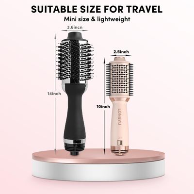 Longyu Travel Hair Dryer Brush Dual Voltage Mini Hot Air Blow Dryer Curler Brush Round Blowout Styler Volumizer Tools, 110240V USEUUK Plug for International Travel (Pink)