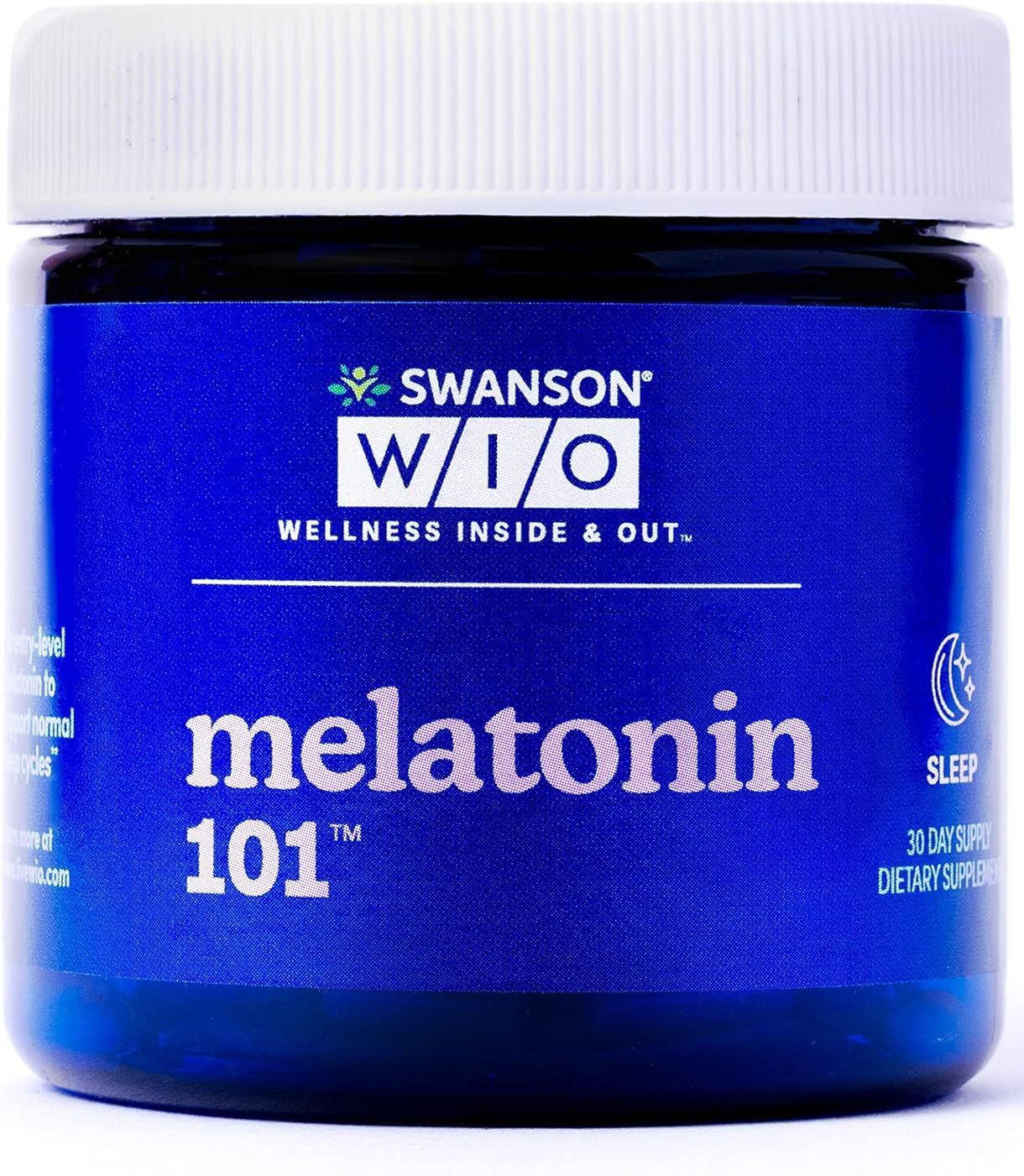 Swanson WIO melatonin 101 for Better Sleep, Relax, Relaxation, Circadian Sleep Cycle Support, 3 mg Melatonin, Wellness - 4 oz Bottle, 30 Capsules (30-Day Supply)