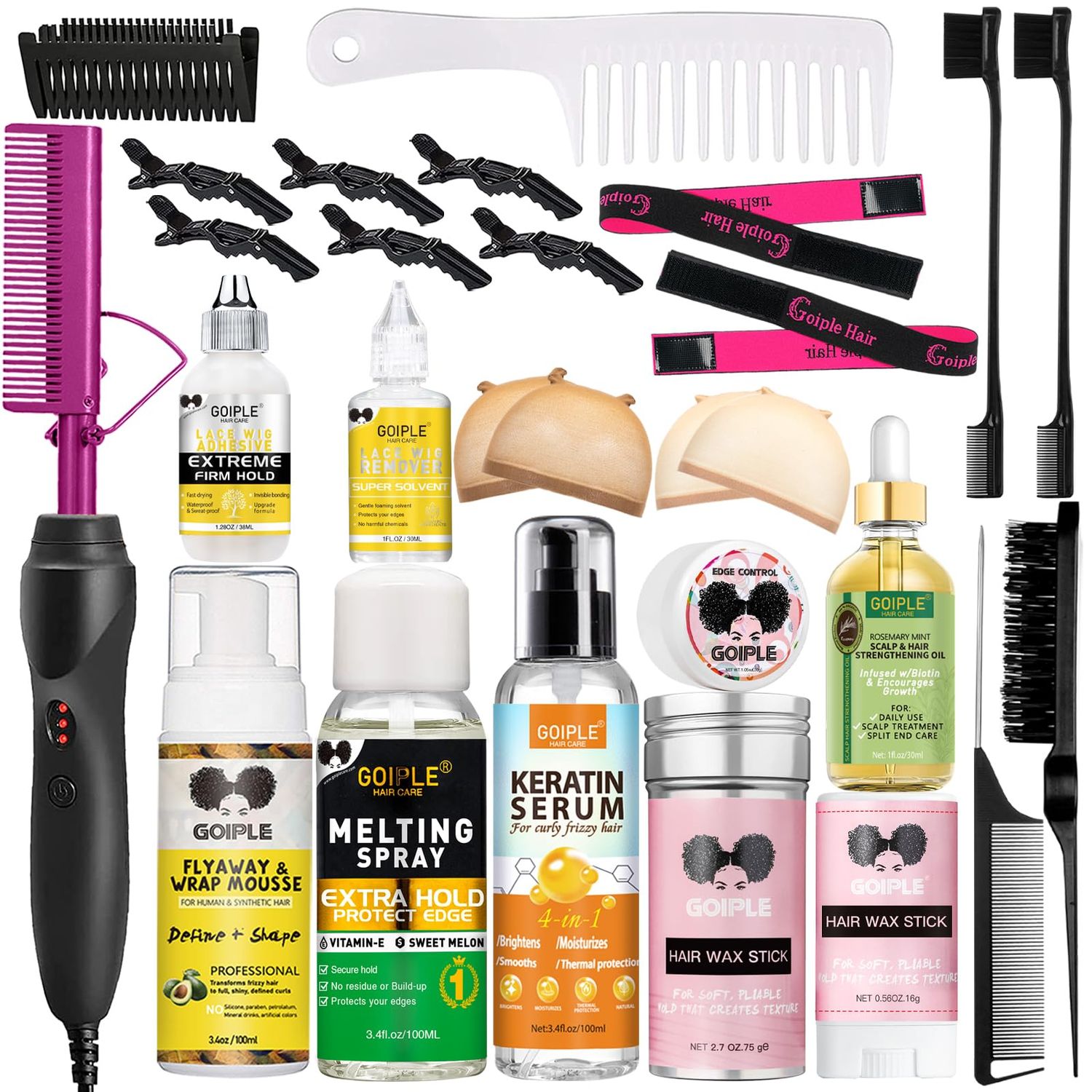 Goiple Hot Comb Hair Straightener Heat Pressing Combs, Hot Comb for Wigs Human Hair Ceramic Electric Hair Straightening Comb, Curling Iron for Natural Black Hair, Pressing Combs Kit for Wigs