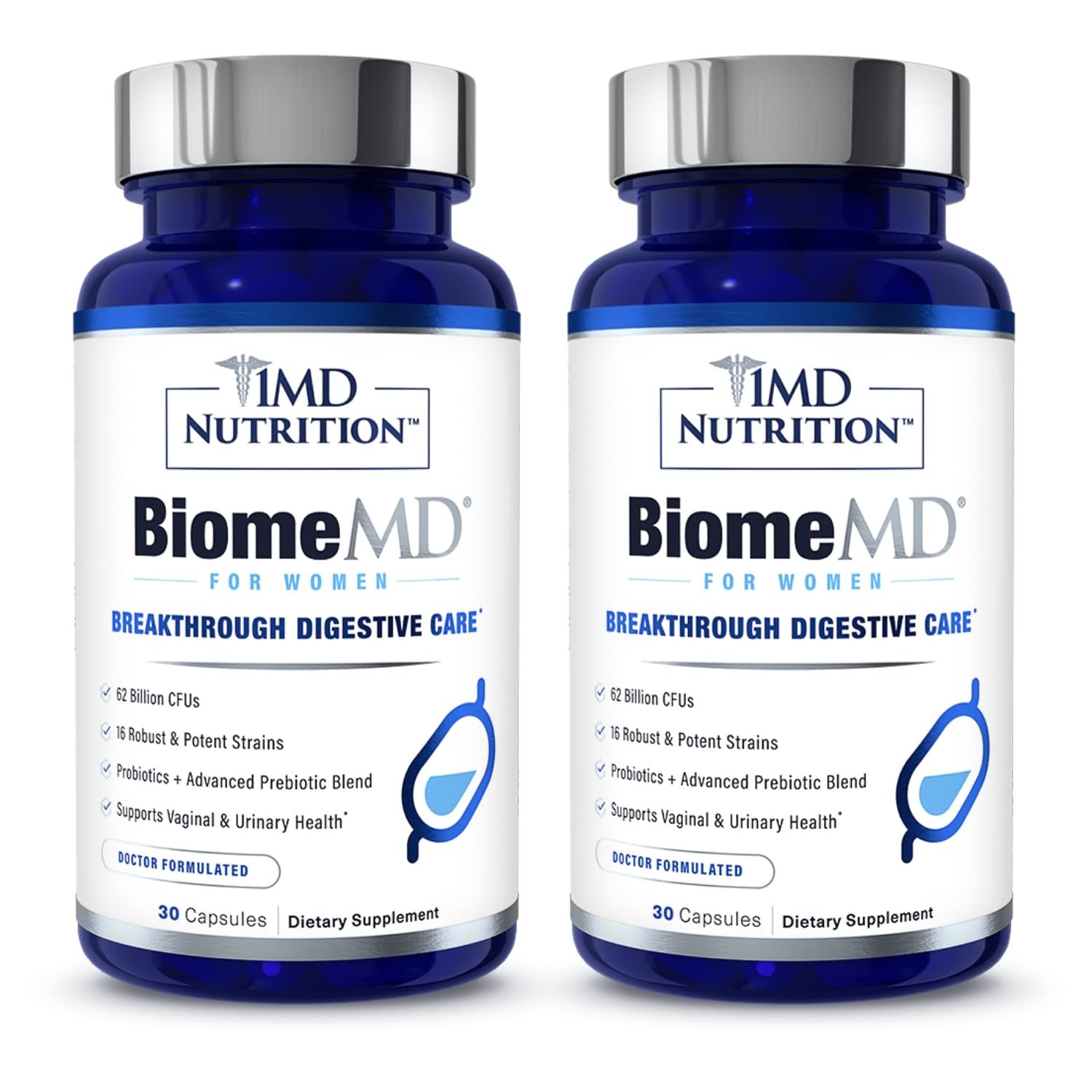 1MD Nutrition BiomeMD Probiotics for Women - 62 Billion CFUs, 16 Strains with Prebiotics Supports Vaginal Urinary Health - Doctor-Formulated 30 Capsules (2-Pack)