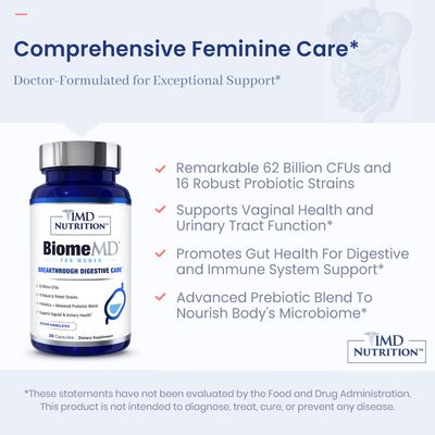 1MD Nutrition BiomeMD Probiotics for Women - 62 Billion CFUs, 16 Strains with Prebiotics Supports Vaginal Urinary Health - Doctor-Formulated 30 Capsules (2-Pack)