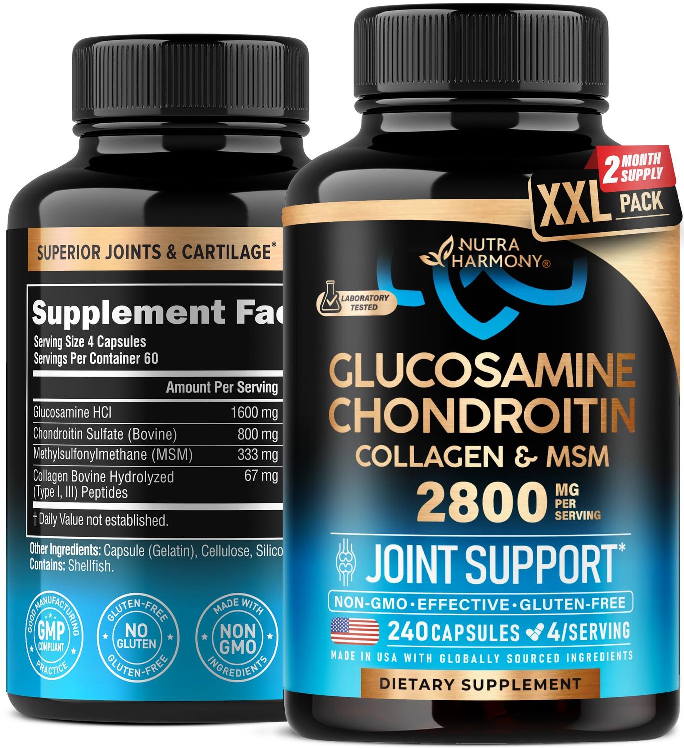 Glucosamine Chondroitin MSM Collagen FSA HSA Eligible Joint Support Supplement 2800 mg Made in USA FSA Approved Product Items Flexibility Nutritional Vitamins For Men Women, 240 Capsules