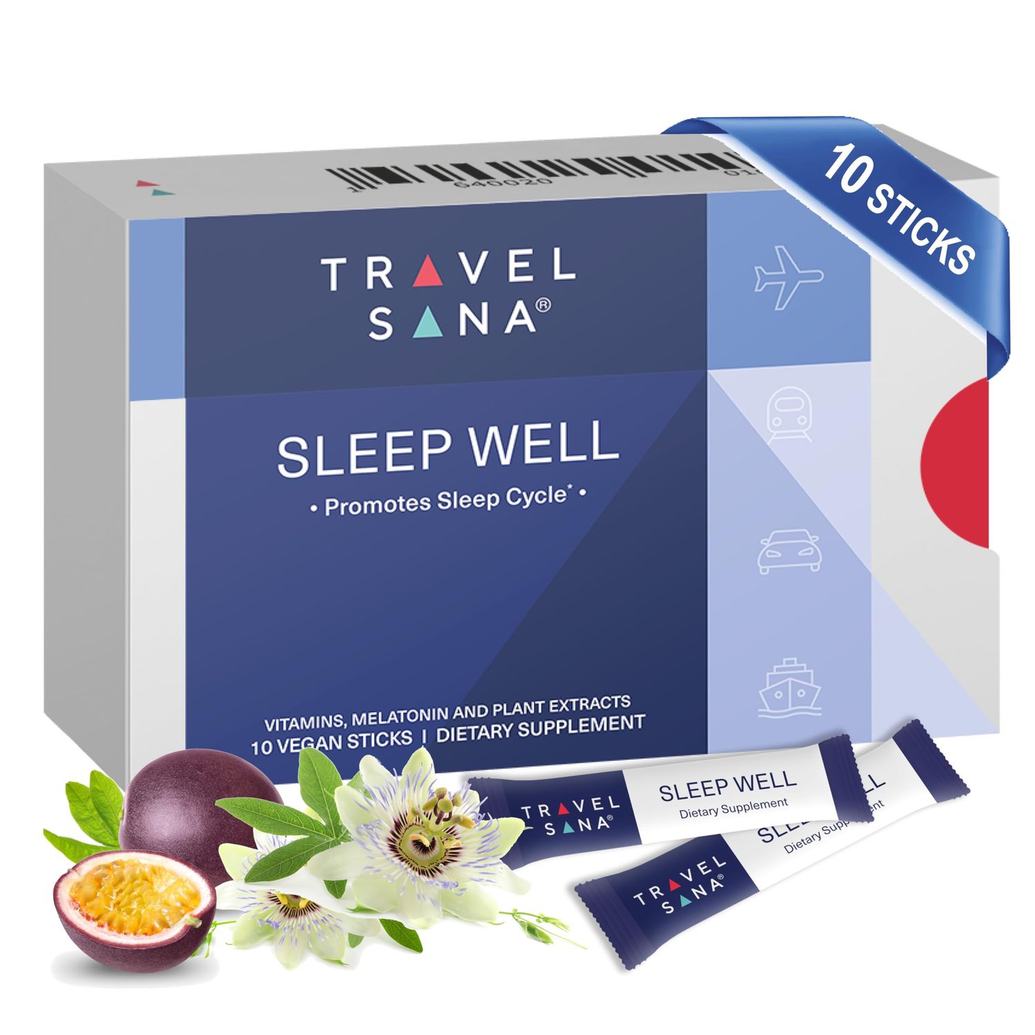 TRAVELSANA Sleep Well Supports Jet Lag Relief for Travelers Melatonin 1 mg, Passionflower Extract Vitamins Natural Sleep Support for Travelers Fast-Acting 10 Sticks