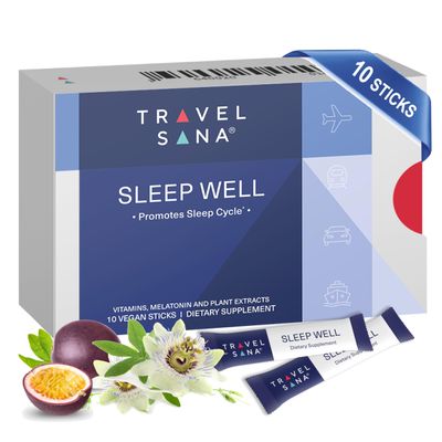 TRAVELSANA Sleep Well Supports Jet Lag Relief for Travelers Melatonin 1 mg, Passionflower Extract Vitamins Natural Sleep Support for Travelers Fast-Acting 10 Sticks