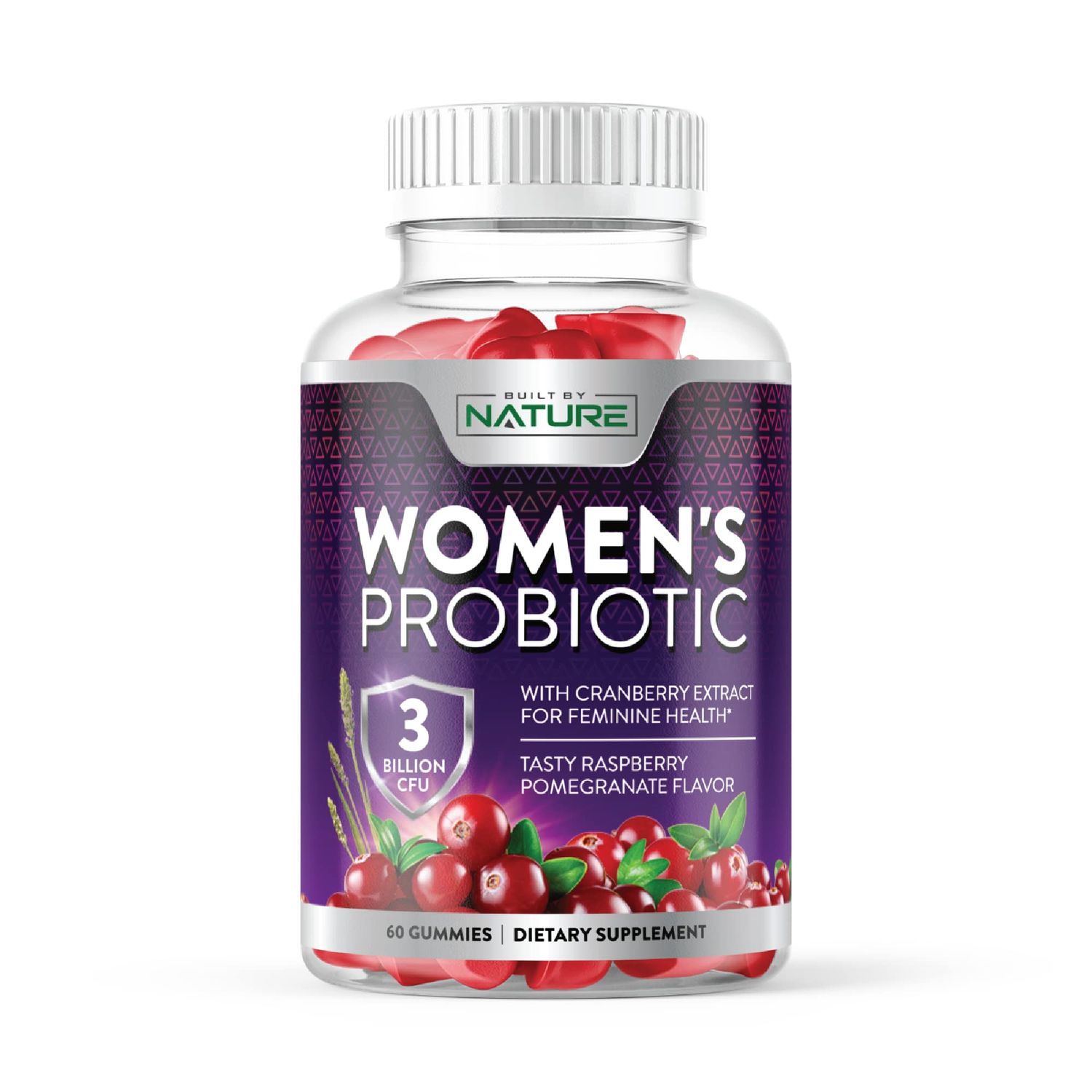 Built by Nature Probiotics for Women Gummies 3 Billion CFU, 6 Probiotic Strains with Cranberry Supplement, Digestive, Immune, Vaginal Urinary Health, Shelf Stable, 60 Gummy
