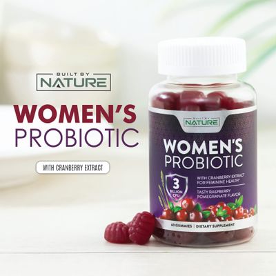 Built by Nature Probiotics for Women Gummies 3 Billion CFU, 6 Probiotic Strains with Cranberry Supplement, Digestive, Immune, Vaginal Urinary Health, Shelf Stable, 60 Gummy