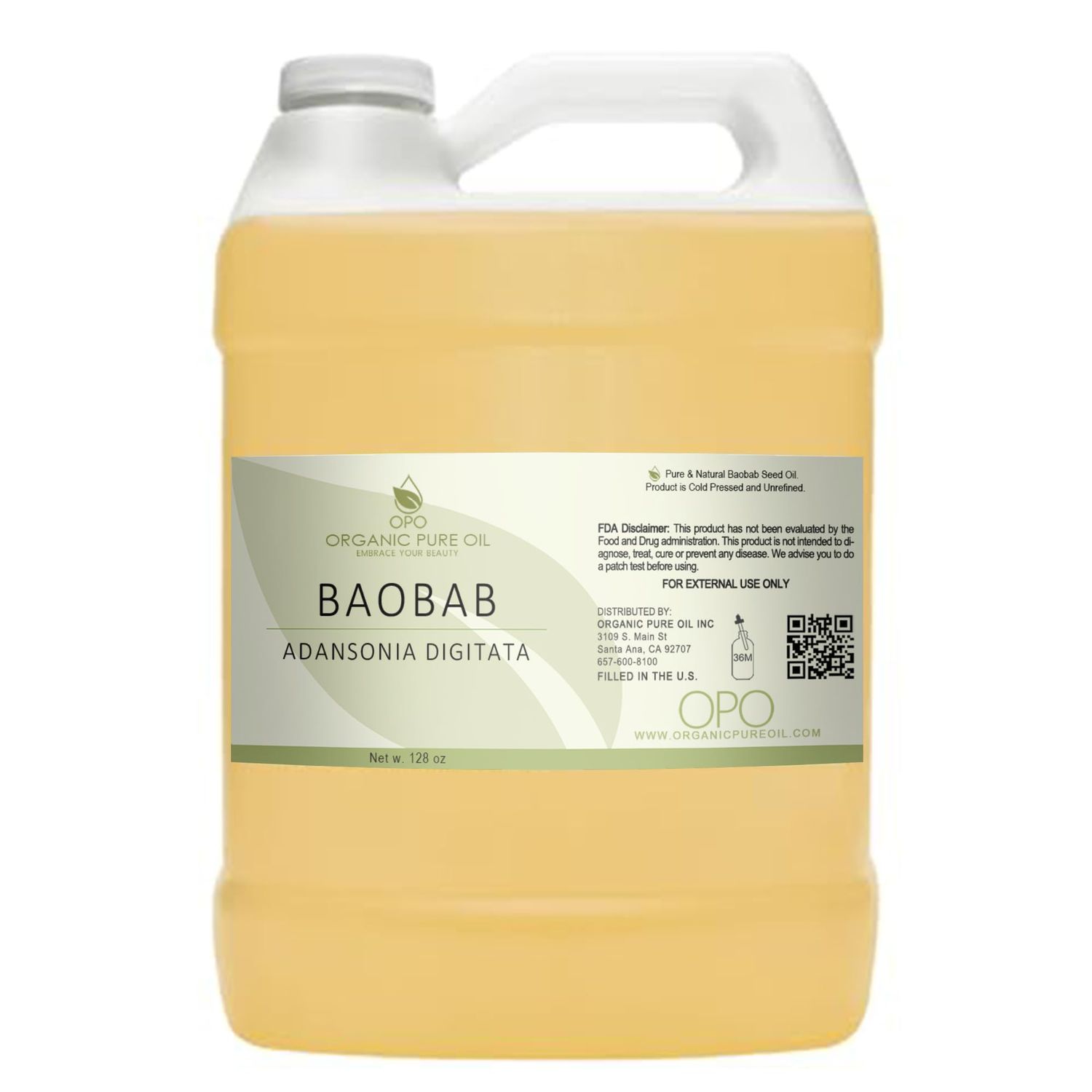 OPO Baobab Oil - Pure, Cold Pressed, Unrefined, Vegan, Non GMO, Carrier Oil for Hair, Skin, Face, Body Pain Nourishing Natural Moisturizer Hydration Growth Conditioner 128 oz