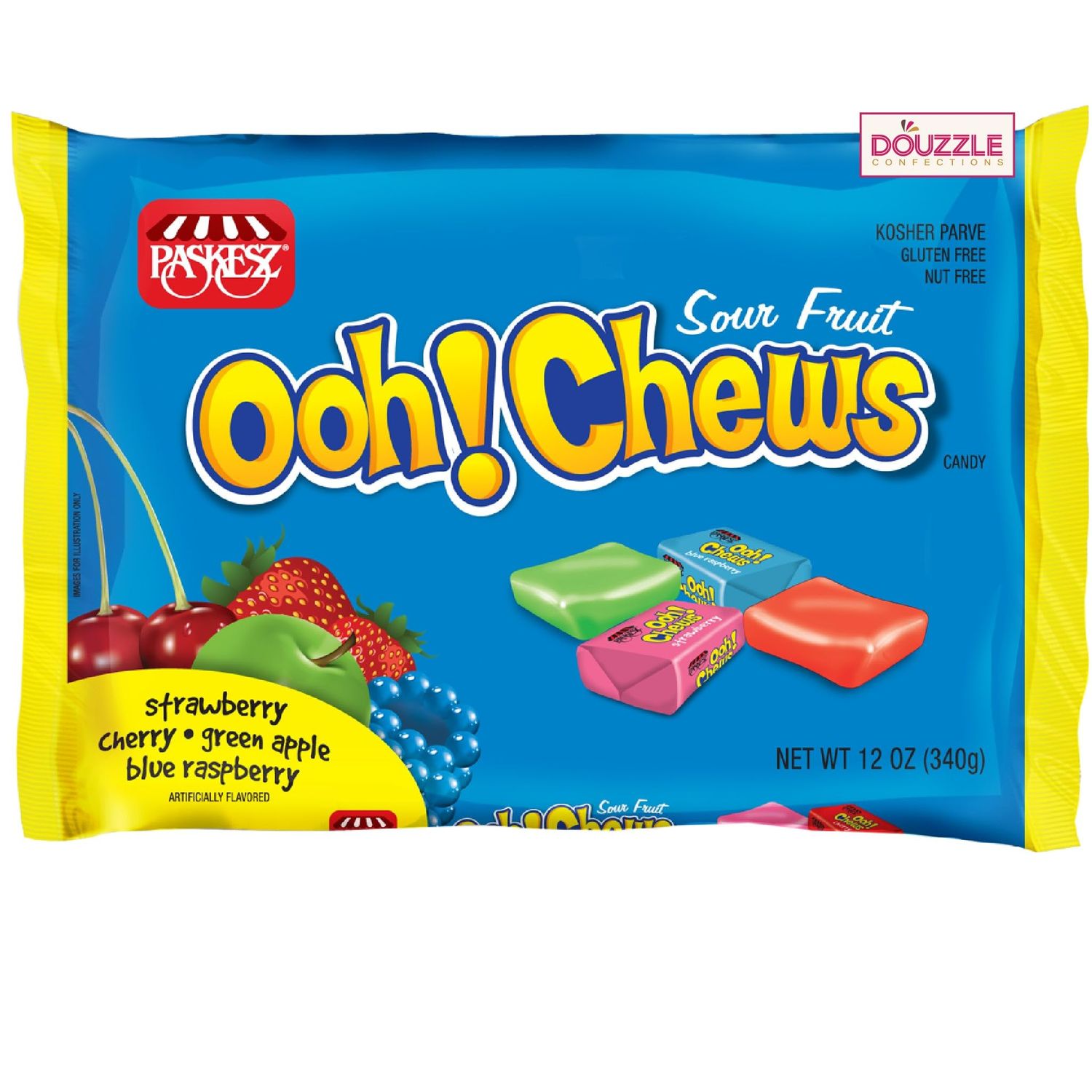 DOUzzle Ooh Chews Candy, Sour Fruit (Pack of 1) Individually Wrapped Candies, Birthday Party Favors, Goodie Bags Stuffers, Pinata Filler - Gluten Free, Kosher Parve