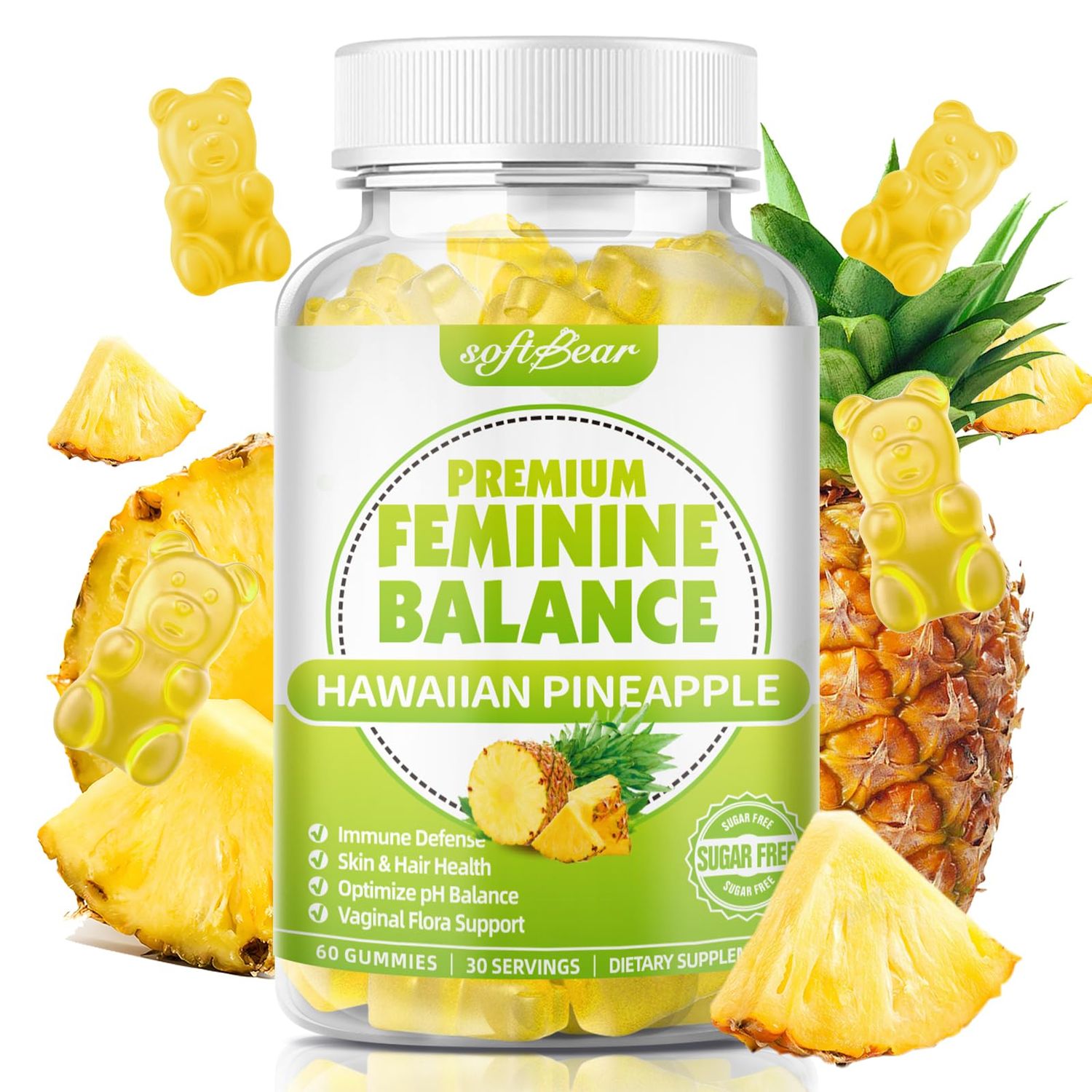 softbear Premium Feminine Balance Gummies for Women, Pineapple PH Balance Gummies for Women&#39;s Healthy Odor, Flora, Vaginal, Immune Support, Vegan, Gluten-Free, 60 Gummies