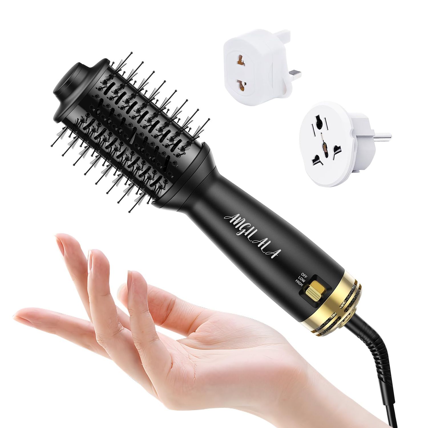 ANGILALA Dual Voltage(100250V) Mini Hair Dryer Brush with European Plug Adapter for International Travel, Europe Travel Essentials for Women