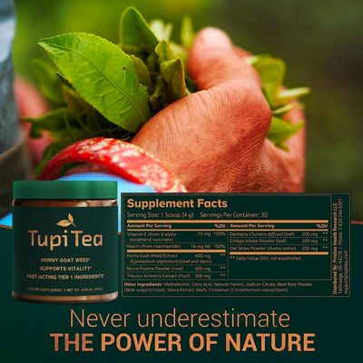 Tupi Tea Horny Goat Weed Powder, Supplement wMaca Root, Tribulus Terrestris Extract, Muira Puama to Boost Energy, Wellness Nitric Oxide Support for Men Women