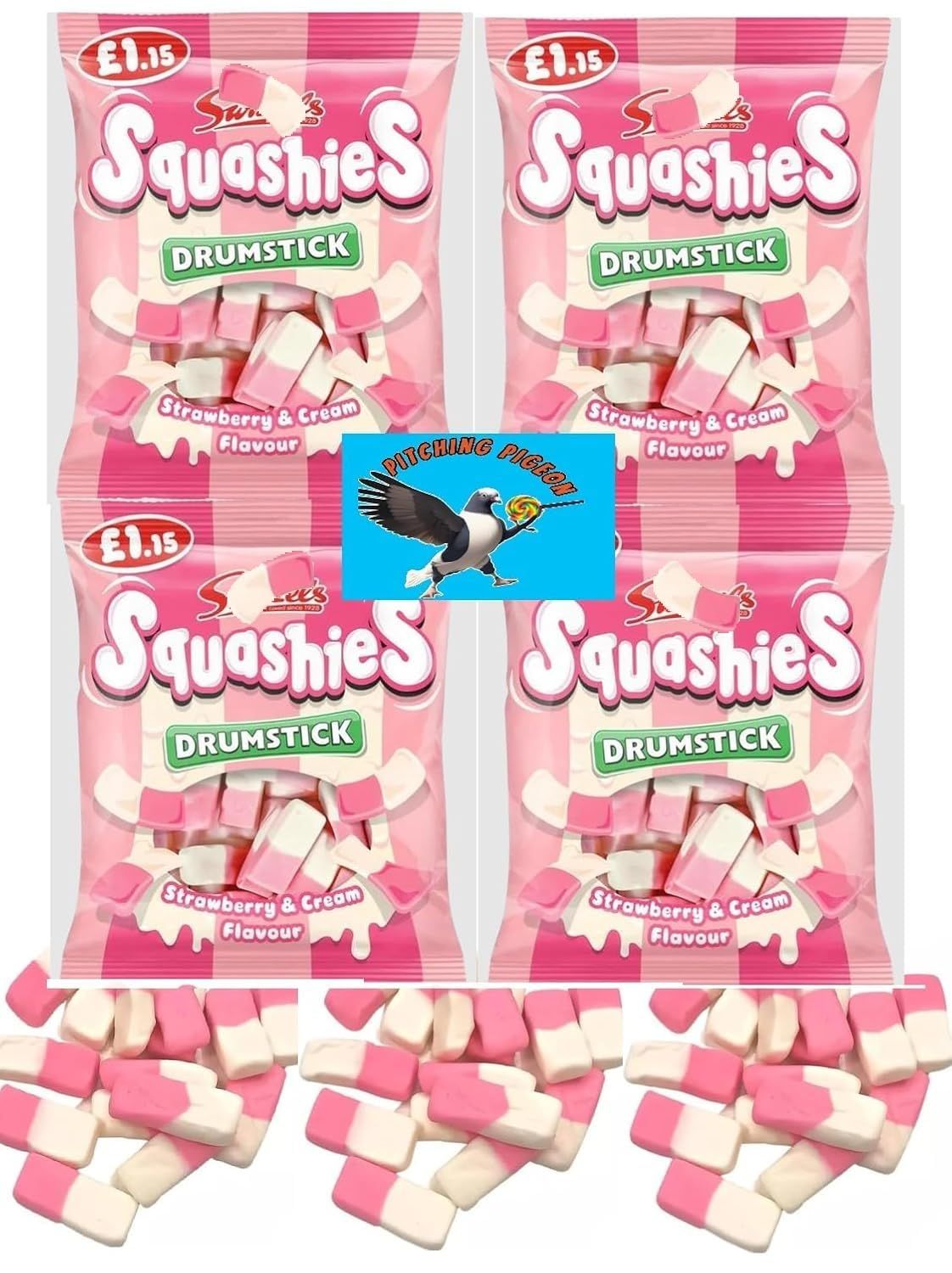 Swizzels Squashies Drumstick Strawberry Cream Flavor Gummy Candy 17oz Total - Includes PITCHING PIGEON Brand Magnet
