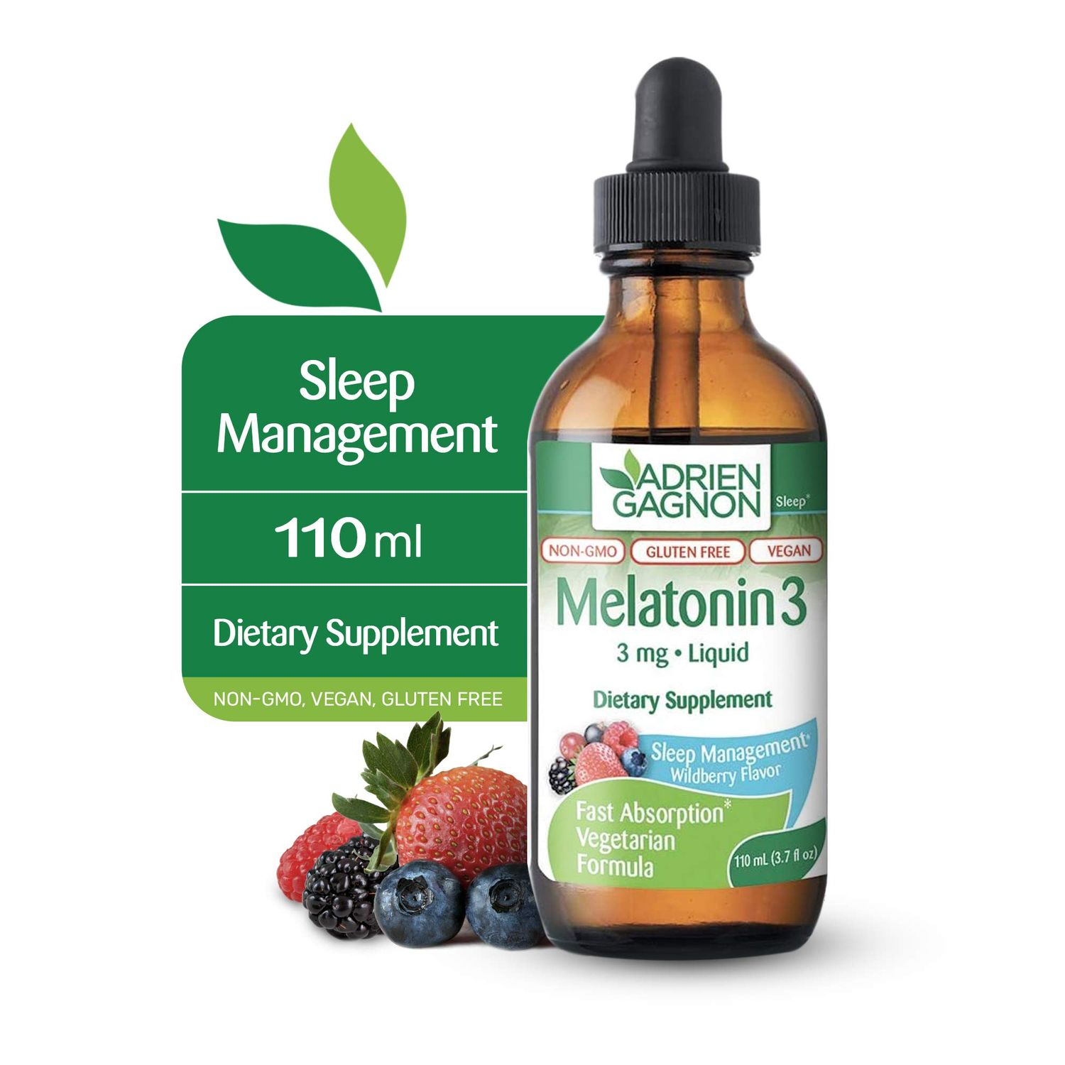 Adrien Gagnon - Liquid Melatonin 3mg, Vegan Melatonin Drops for Calm Rest Support, Wildberry Flavor, 110 ml Dropper