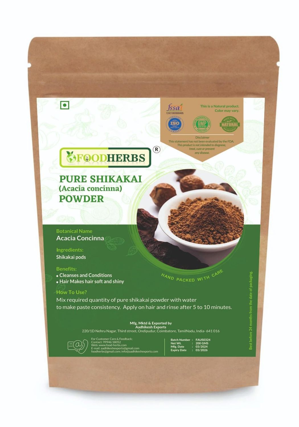 Foodherbs Pure Shikakai Powder Acacia Concinna 200g 0.44 Lbs Cleanses and Conditions Hair