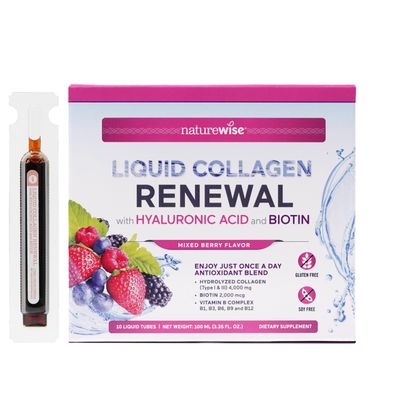 NatureWise Hydrolyzed Liquid Collagen for Women Men 4000mg - High Absorption, Type 1 3 Peptides with Biotin Vitamin C Vitamin B Complex Hyaluronic Acid -Mixed Berry - 10 Tubes10 Day Supply