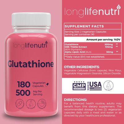 LongLifeNutri Reduced Glutathione 500mg - with White Milk Thistle and Alpha Lipoic Acid, 180 Vegetarian Capsules, Natural Antioxidant, 3-Month Supply, GMP Certified, Made in USA