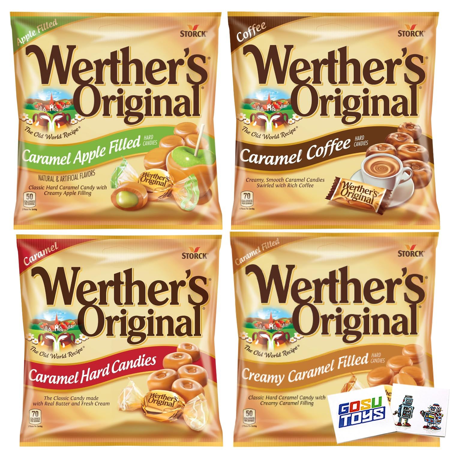 Werthers Original 4 Pack (All 2.65oz - Original, Caramel Apple, Caramel Coffee, Creamy Caramel) with 2 Gosutoys Stickers