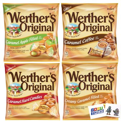 Werthers Original 4 Pack (All 2.65oz - Original, Caramel Apple, Caramel Coffee, Creamy Caramel) with 2 Gosutoys Stickers