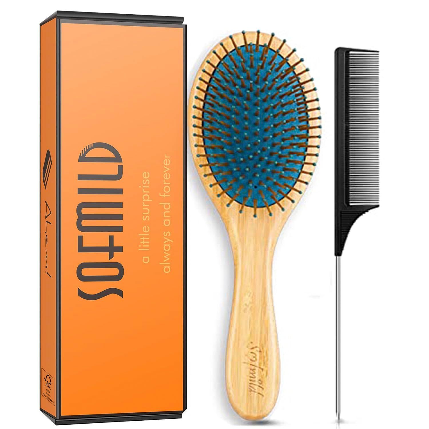 Sofmild Bamboo Wooden Paddle Hair Brush Comb Set, Hairbrushes for Women Men Kid Detangling Hair Massaging Scalp with Round Tip Bristles for All Hairstyles (Blue Wooden)