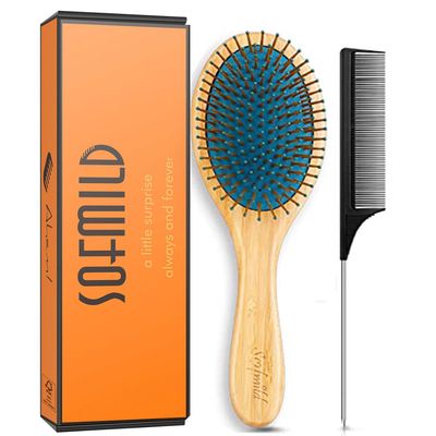 Sofmild Bamboo Wooden Paddle Hair Brush Comb Set, Hairbrushes for Women Men Kid Detangling Hair Massaging Scalp with Round Tip Bristles for All Hairstyles (Blue Wooden)