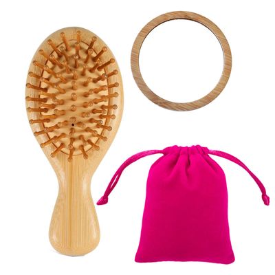 Bamboo Mini Hair Brush With Mirror For Women And Kids,Portable Pocket Small Hair Brush Set For Travelling,Soft Pocket Comb With Airbag,Wooden Toddler HairBrushes For Hair Growth.