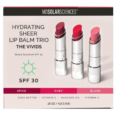 MDSolarSciences The Vivids Hydrating Sheer Lip Balm Trio SPF 30 Tinted Sunscreen for Lips Moisturizing Shea Butter, Avocado Oil Vitamins E C Buildable Color, Vegan, Gluten-Free (0.45 Oz)