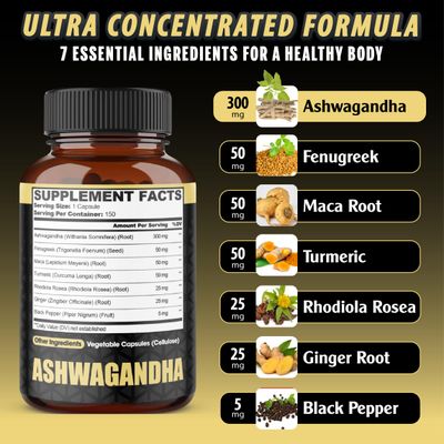 Ashwagandha Extract Capsules 7 Herbal Ingredients 8050 mg - Blended Fenugreek, Maca, Turmeric, Rhodiola, Ginger Black Pepper - Sleep, Spirit, Immune Energy Support - 5-Month Supply