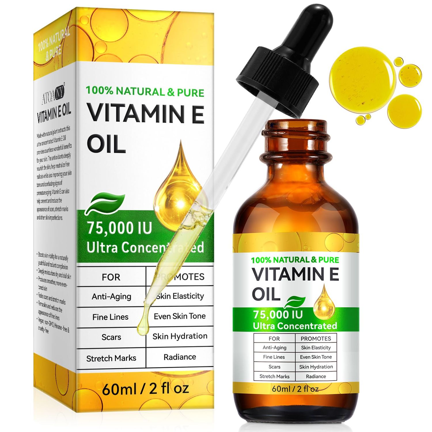 Vitamin E Oil, 75,000 IU, 100 Pure Natural Vitamin E Oil for Skin, Face, Hair, Nails Scars, Body Bath Moisturizing Dry Skin and Winkles, Non-GMO Vegan (2 Fl Oz (Pack of 1))