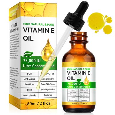 Vitamin E Oil, 75,000 IU, 100 Pure Natural Vitamin E Oil for Skin, Face, Hair, Nails Scars, Body Bath Moisturizing Dry Skin and Winkles, Non-GMO Vegan (2 Fl Oz (Pack of 1))