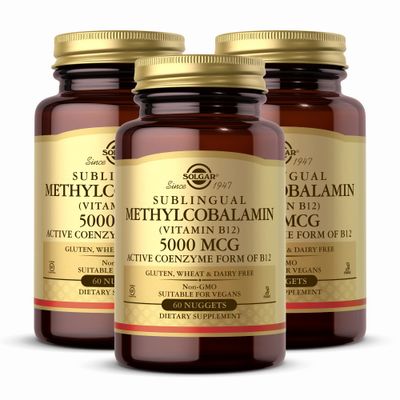 SOLGAR Methylcobalamin (Vitamin B12) 5000 mcg - 60 Nuggets, Pack of 3 - Supports Energy Metabolism - Vitamin B - Non-GMO, Vegan, Gluten Free - 180 Total Servings