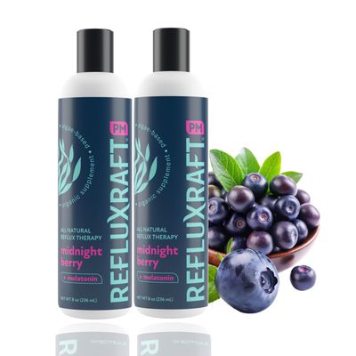 RefluxRaft Acid Reflux Therapy PM, Organic Alginate Melatonin, Rapid Lasting Gerd, LPR Digestion Symptom Support, Zero Sugar, Gluten Free, Midnight Berry, 47 Gel Servings Per 8 OZ Bottle, 2 Pack
