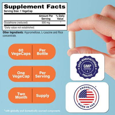 Health Thru Nutrition Glutathione Reduced 500mg Vegecaps Vegan Certified Fermented Non GMO and Hypoallergenic Master Antioxidant Healthy Skin and Cellular Aging Support (Pack of 60)