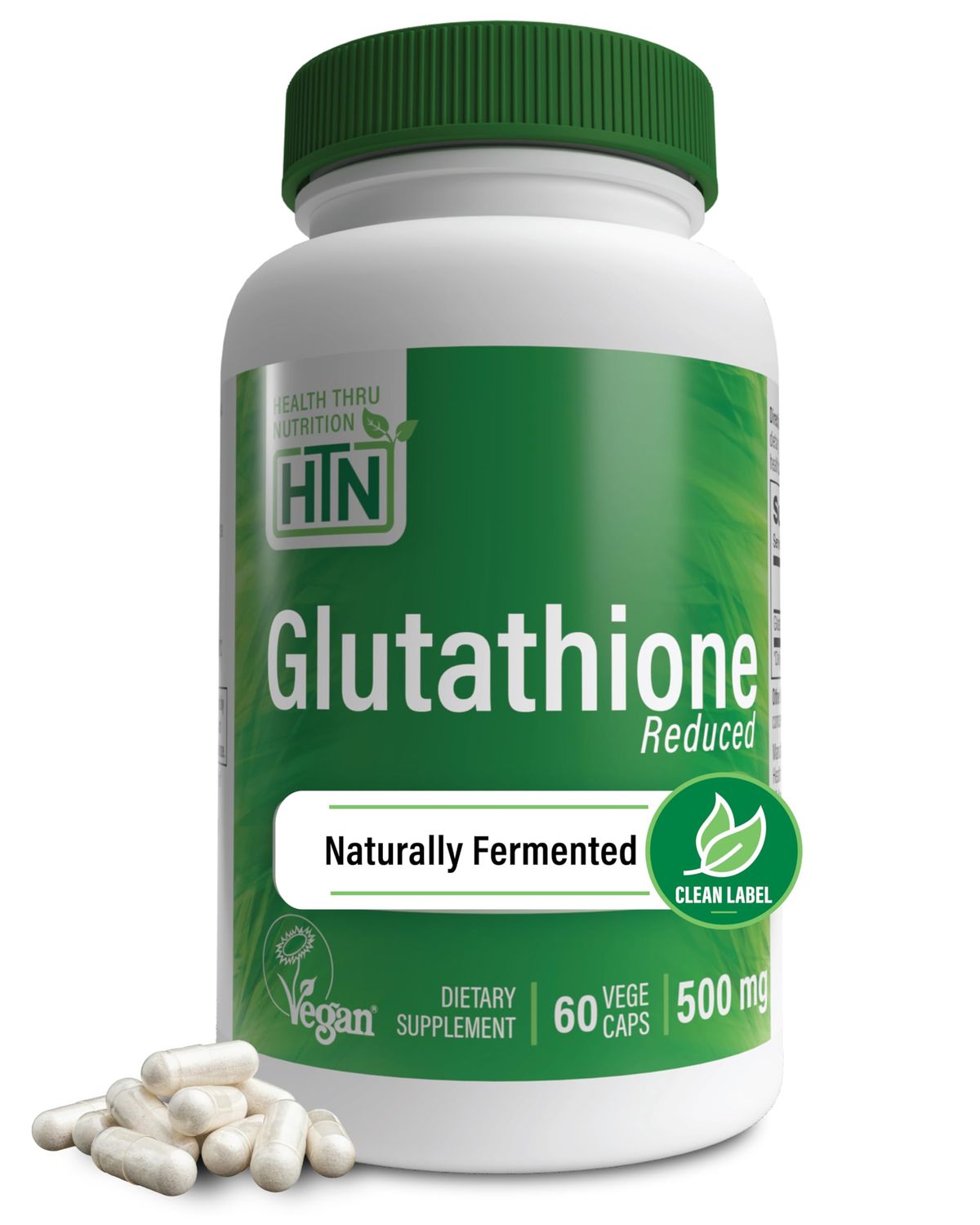 Health Thru Nutrition Glutathione Reduced 500mg Vegecaps Vegan Certified Fermented Non GMO and Hypoallergenic Master Antioxidant Healthy Skin and Cellular Aging Support (Pack of 60)