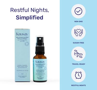 Kausay Melatonin Mouth Spray - Fast-Acting Sleep Support with GABA, Ashwagandha, Valerian L-Tryptophan Sugar-Free Mint Flavor 30ml
