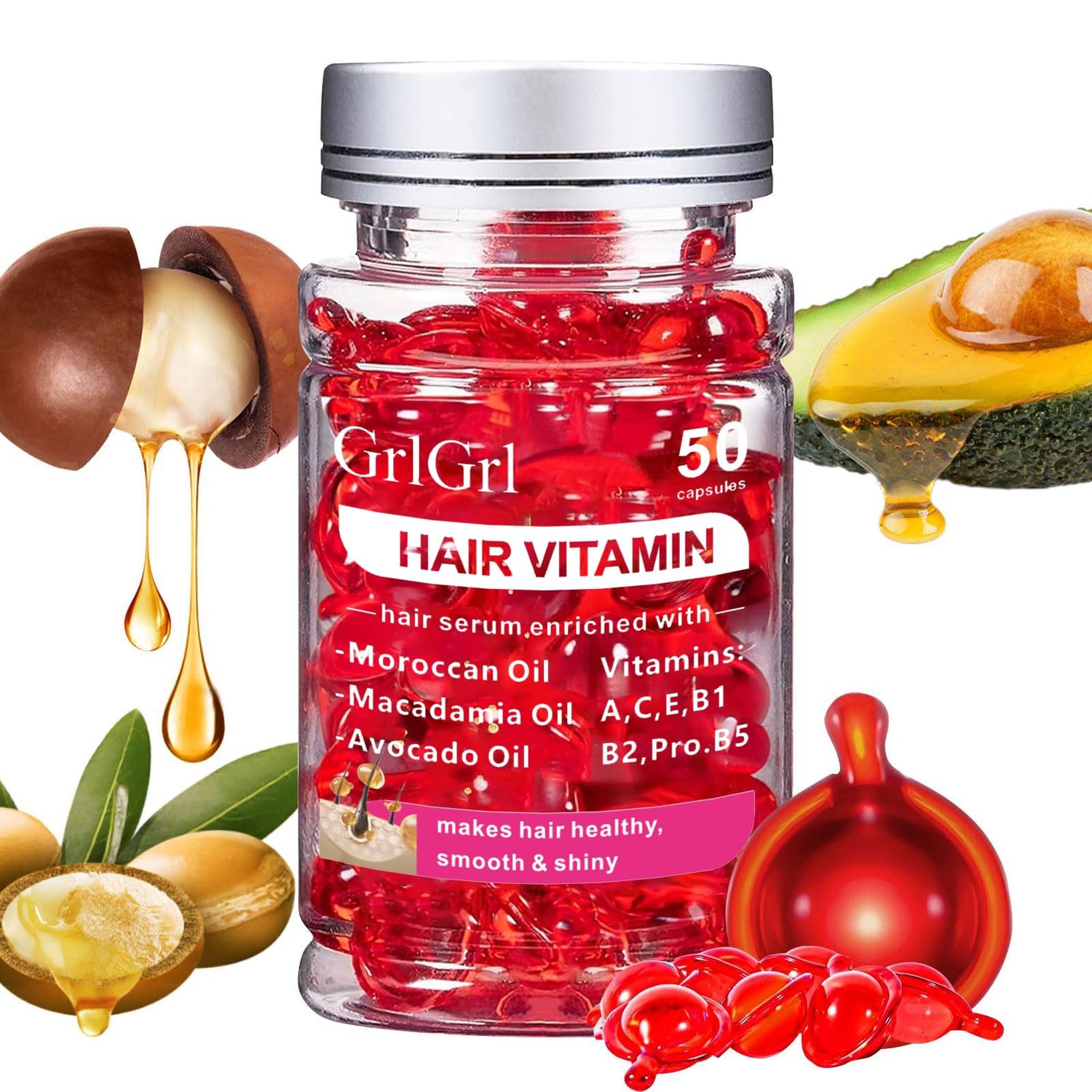 GrlGrl Hair Vitamin Serum Capsules, Enriched with Moroccan Oil and Vitamins A C E B1 B2 Pro B5, 50 Count