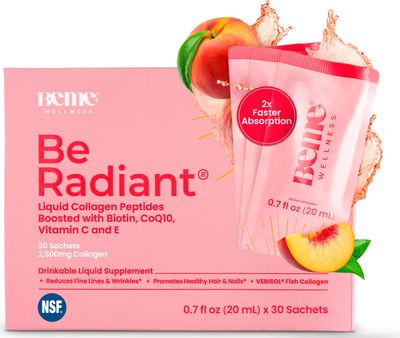 BeMe BeRadiant Liquid Collagen Peptide for Hair, Skin Nails with 2X Faster Absorption - Clinically Tested - 2500mg Verisol Hydrolyzed Collagen Supplements for Women with Biotin, CoQ10 Vitamin C