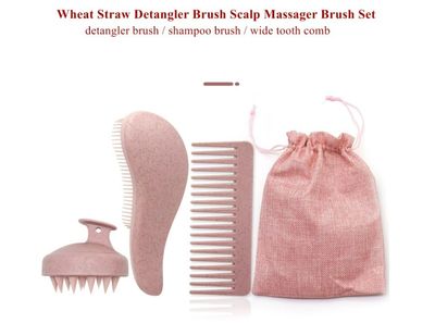 Wheat Straw Hair Brush and Comb Set - 100 Eco-Friendly - Wide Tooth Comb, Brush, and Scalp Massager Reduces Frizz Promotes Healthy Hair Growth (3pc Combo)