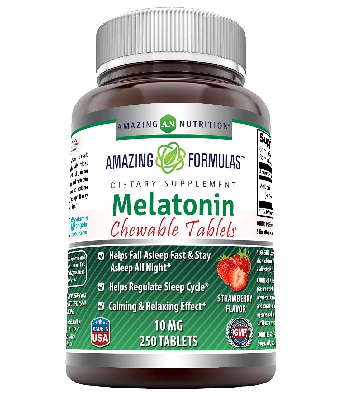 Amazing Formulas Melatonin Strawberry Flavor 10mg 250 Chewable Tablets -Helps Regulate Sleep Cycle -Calming Relaxing Effect