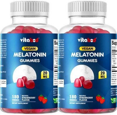 Vitabod Melatonin 20mg Gummies - 180 Count - Drug Free - Natural Strawberry Flavor - Vegetarian, Non-GMO, Gluten Free (2 Bottles)