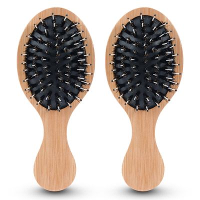 2PCS Mini Boar Bristle Hair Brush Bamboo Hair Brush Wooden Massager Brush Pocket Travel Small Paddle Boar Bristle Hair Brush for Women for All Hair Types