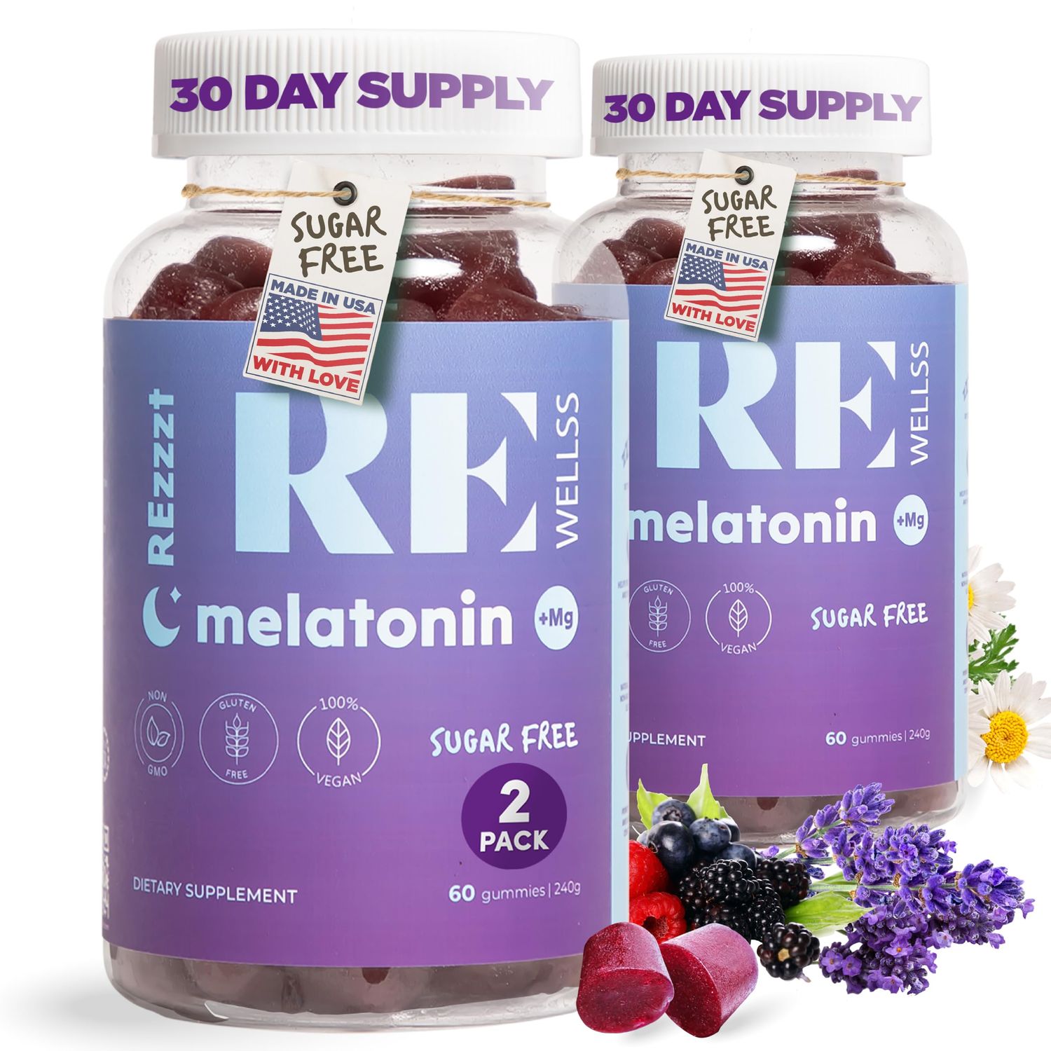 REWELLSS Melatonin Gummies 5mg Melatonin Sleep Support Gummy for Adults Fall Asleep Supplement for Health Magnesium L-Theanine Chamomile Gluten Gelatin Free, Sugar Free Sleep Aid 2 Pack