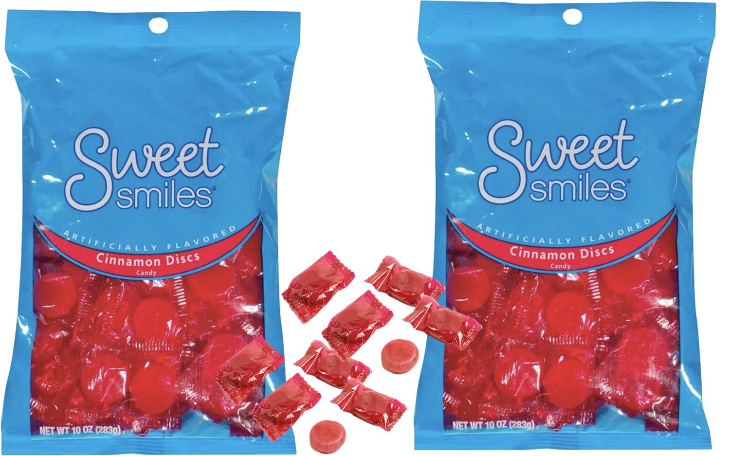 Sweet Smiles Cinnamon Discs Candy 9 OZ (2 Pack) Red Individually Wrapped Wrapped Soko Smiles Thank You Hospitality Mint Included.