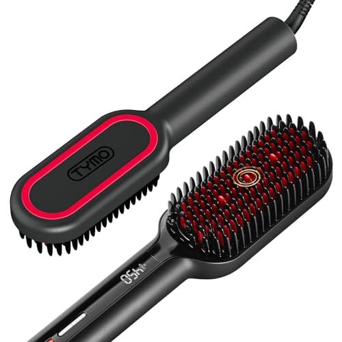 TYMO Hair Straightener Brush - Upgraded Ionic Plus Straightening Brush with Dense Bristles, 16 Temps, Dual Voltage Ceramic Hot Comb for Women Flat Iron for Thick Curly Hair, Black