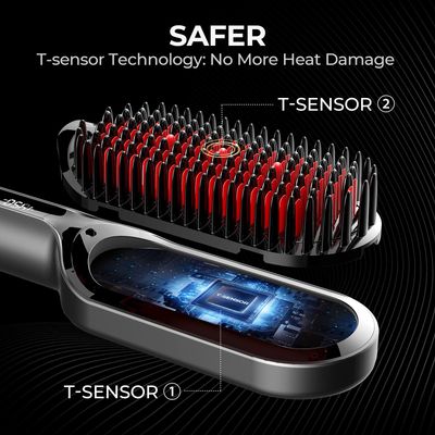 TYMO Hair Straightener Brush - Upgraded Ionic Plus Straightening Brush with Dense Bristles, 16 Temps, Dual Voltage Ceramic Hot Comb for Women Flat Iron for Thick Curly Hair, Black