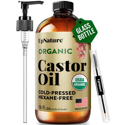 UpNature Organic Castor Oil in Glass Bottle (16 oz) 100 Pure Cold Pressed Unrefined Castor Oil for Hair Skin Face (Hexane Free)