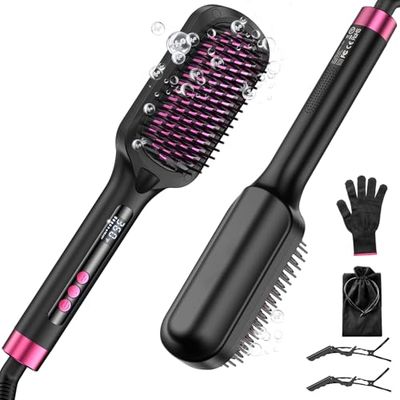 Hair Straightener Brush, 30s Fast Heated Negative Ionic Hair Straightening Brush, Global Voltage, 16 Temp Modes, Anti-Frizz Anti-Scald Auto Temperature Lock Auto-Off Function-Black