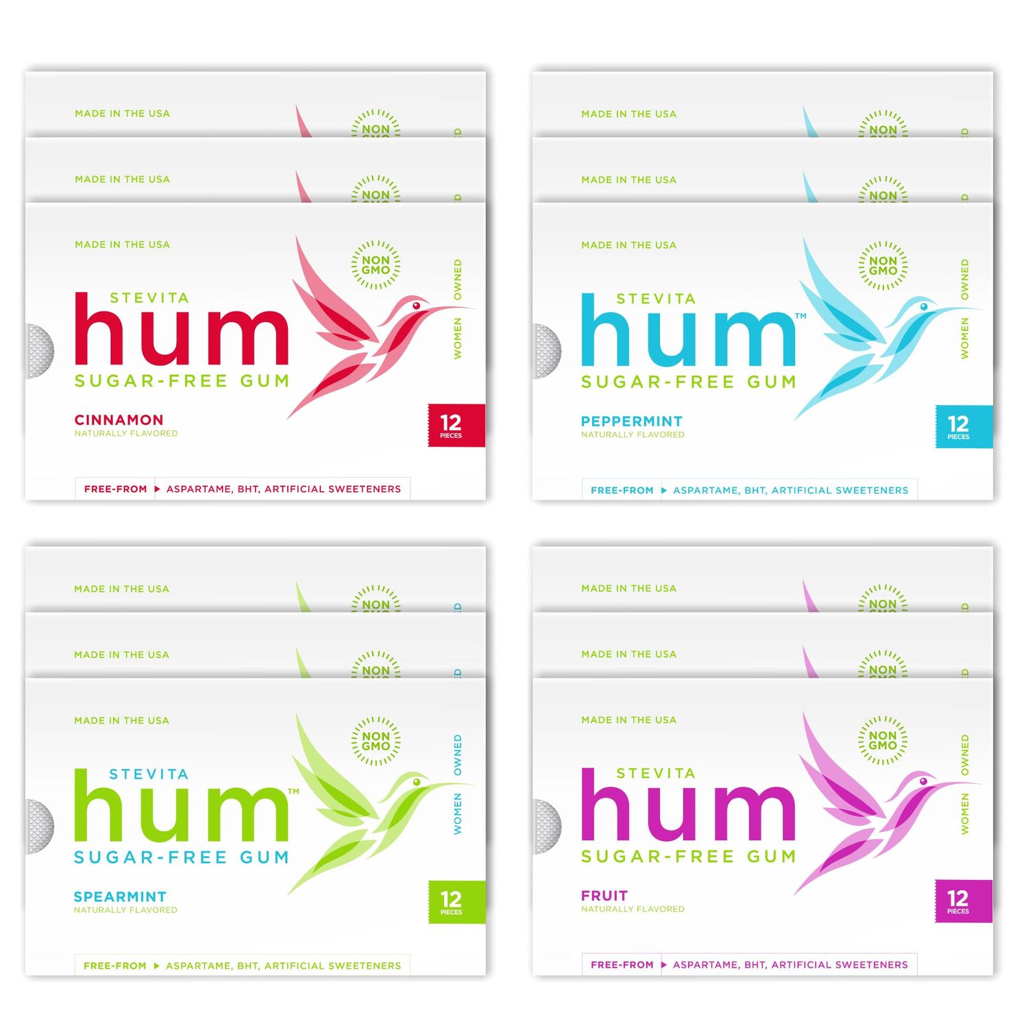 Stevita Hum, Variety Pack - 12 Packets of Sugar-Free Gum - Includes Three of Each Flavor: Peppermint, Cinnamon, Fruit Spearmint - Non-GMO, Vegetarian, Keto, Gluten Free