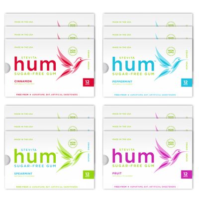 Stevita Hum, Variety Pack - 12 Packets of Sugar-Free Gum - Includes Three of Each Flavor: Peppermint, Cinnamon, Fruit Spearmint - Non-GMO, Vegetarian, Keto, Gluten Free