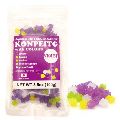 Japanese Tiny Suger Candy KONPEITO with COLORS VIOLET artificially flavored (grape, lemon, melon, muscat grape, grapefruit) 3.5oz(100g) Made in JAPAN